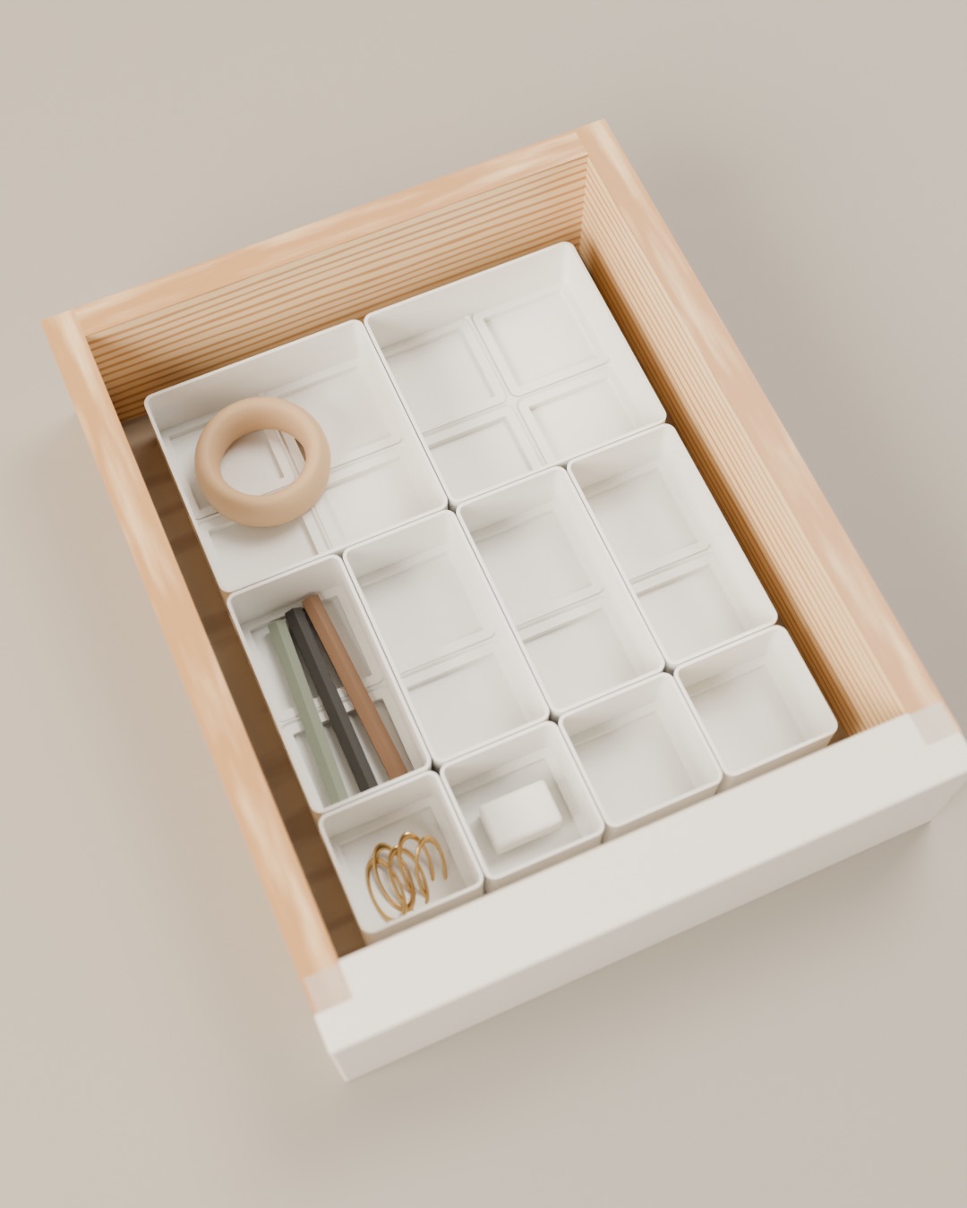 Kit de gaveta modular Grade, caixas brancas encaixadas numa gaveta de madeira